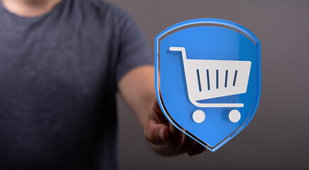 A person pointing to a shopping cart icon with a shield, representing secure online shopping and digital commerce protection. Illustrates e-comm