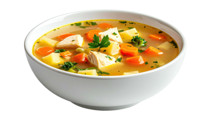 A close-up shot of a white bowl filled with chicken vegetable soup against a black backdrop