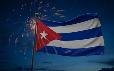 Celebrate Cuban pride with festive fireworks illuminating the national flag, ideal for patriotic events and cultural festivals
