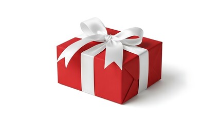 A beautifully wrapped red gift box with a white ribbon and bow, isolated on a white background.