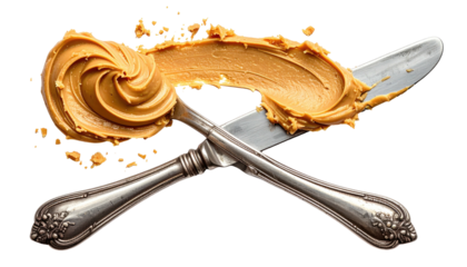 A close-up shot of crossed ornate cutlery with peanut butter spread across the blades