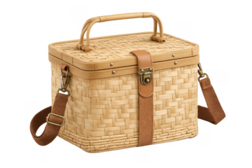 Woven bamboo picnic basket with handle and shoulder strap on transparent background, carrying food for outdoor leisure