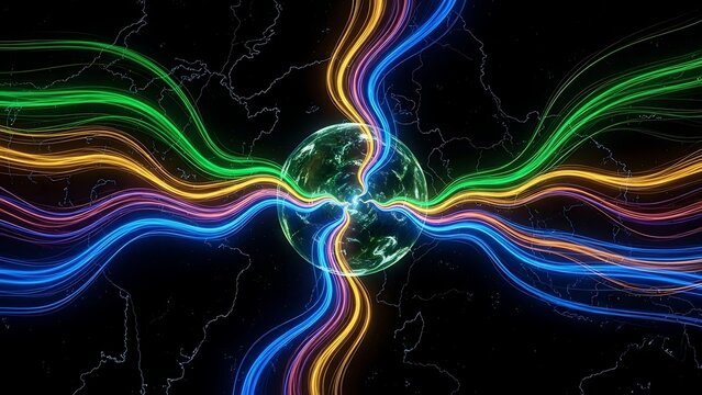 A striking digital concept featuring a glowing green globe at the center of a black map, with vibrant, neon-colored light trails representing global connectivity and data energy flow. - Powered by Adobe