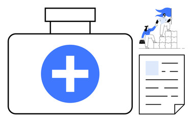 Obraz premium Healthcare, teamwork, collaboration, medical services, support, documentation. Medical icon with a cross, a person assisting another and a document outline. Healthcare and teamwork concept