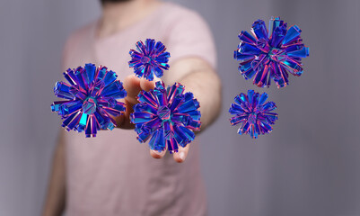 An abstract image of a person interacting with futuristic, crystal-like spheres. Great for design,...