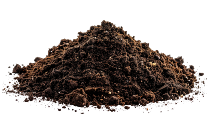 A close-up shot of a small, dark brown mound of fresh, rich earth against a black backdrop
