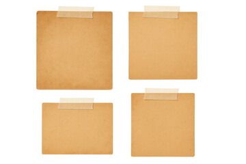 Vintage worn craft paper sheet notes with tape, blank aged rustic parchment brown texture, transparent background