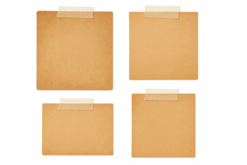 Vintage worn craft paper sheet notes with tape, blank aged rustic parchment brown texture, transparent background