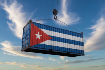 Cuban flag adorned cargo container lifted by crane against a vibrant sky, symbolizing trade and international commerce