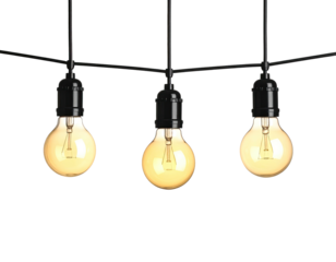 Three glowing incandescent lightbulbs suspended on black cords against a stark black background