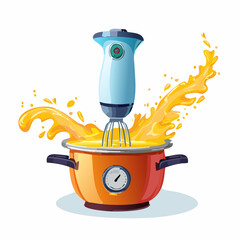 Hand blender mixing food in pot with splash