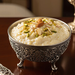 Traditional Indian Kheer rice pudding dessert in an ornate silver bowl garnished with almonds and pistachios.