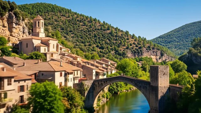 Breathtaking river and stone bridge winding through a charming village nestled amid rolling hills