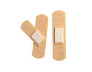 Three tan adhesive bandages, varying angles, white absorbent pads, on a solid black background