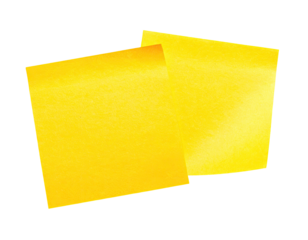 Two bright yellow square adhesive notes, partially overlapping, against a stark black background