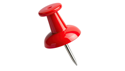 A close-up view of a vibrant, glossy red thumbtack, isolated against a black background