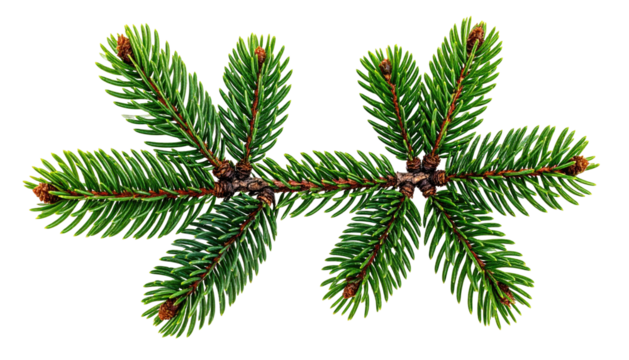 A close-up view of a vibrant green evergreen branch against a stark black background - Powered by Adobe