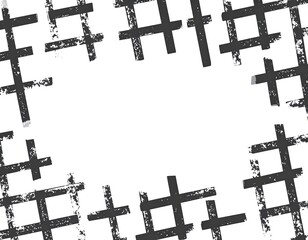 Abstract composition features dark grey hash marks framing a blank white space