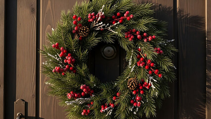 A festive Christmas wreath adorned with red berries and pinecones hanging on a wooden door