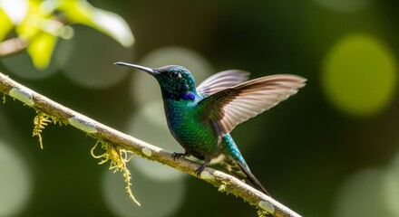 Fototapeta premium Hummingbird hovering in midair while feeding from a flower, showing iridescent feathers and rapid wing motion. Symbol of agility, beauty, and vibrant wildlife.