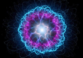 Abstract fractal pattern with glowing blue and purple energy waves radiating from a central light source against a dark background