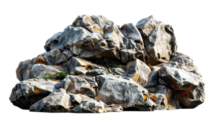 A cluster of grey and tan rocks, some with small patches of green, isolated on black
