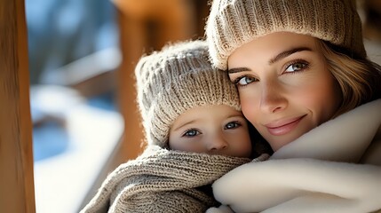 Young Caucasian mother and child wearing matching beige knit winter hats embracing warmly indoors, cozy family bonding moment during cold season.