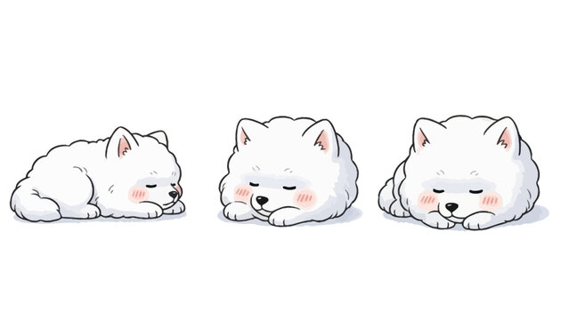 Three Sleeping Samoyed Puppies In Different Poses On White Background Keywords: samoyed, puppy, dog, animal, pet, sleeping