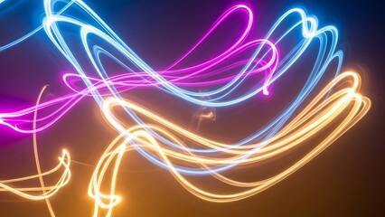 A high-energy abstract background featuring sweeping neon light trails in vibrant blue, magenta, and amber. The luminous ribbons of color intertwine against a dark backdrop, creating a sense of rapid 