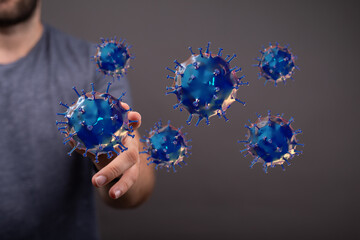 Abstract visual representation of the coronavirus outbreak: a hand touching computer-generated virus particles