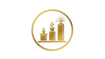 Golden growth chart with plants sprouting from ascending bars symbolizing sustainable business development and organic financial progress.