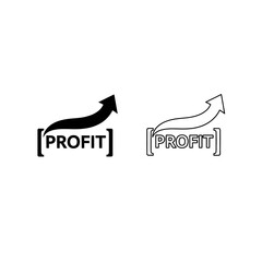 Upward trending arrow above bracketed PROFIT text in solid and outline profit growth