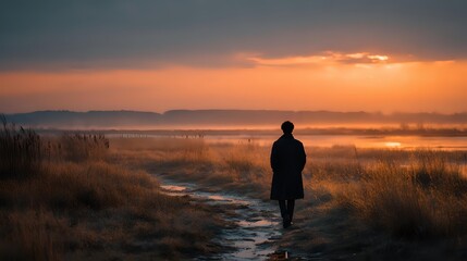 Silhouette of person walking on misty path at golden sunrise over lake with warm orange sky and peaceful morning atmosphere for meditation concepts.