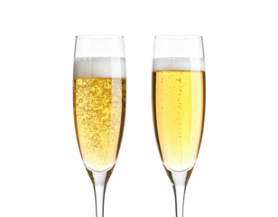 Two champagne flutes, one filled with bubbly drink, isolated on a black background