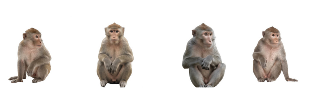 Set of monkey sitting in different poses isolated on transparent PNG background, oil paint