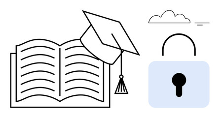 Fototapeta premium Education security concept. Open book, graduation cap, and padlock secure learning and information protection. Education security, privacy in education, data safety. Perfect for e-learning, academic