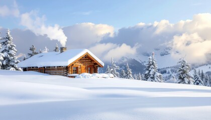 Cozy log cabin in snowy landscape with winter forest and mountains under cloudy sky