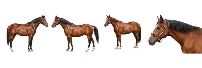 Set of brown horse standing in different poses isolated on transparent PNG background, oil paint