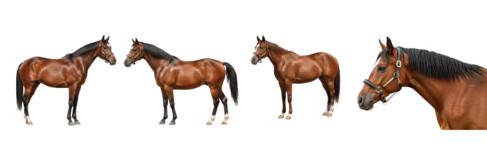 Set of brown horse standing in different poses isolated on transparent PNG background, oil paint