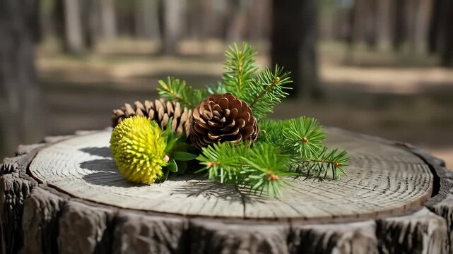 Forest Floor Still Life: A Close-Up of Nature's Beauty with pinecones and yellow wildflowers on a