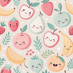 Cute smiling fruit pattern featuring apples bananas pears and strawberries on light background