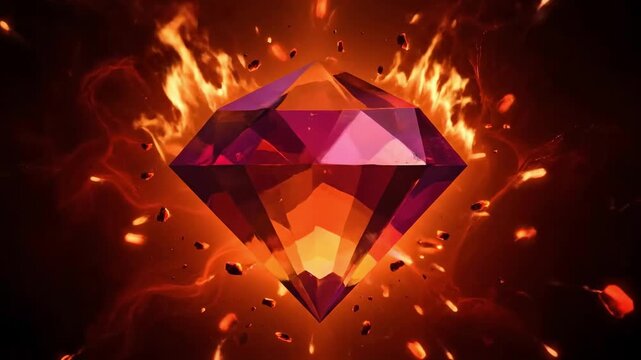 Faceted red ruby gemstone floating amidst flames and flying embers