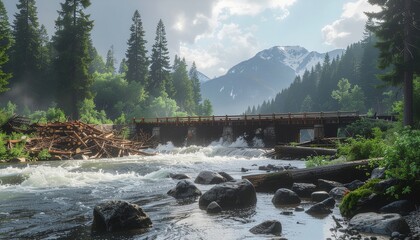 Mountain River Landscape with Wooden Bridge and Forest