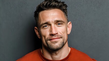 Confident middle-aged Caucasian man with beard wearing orange shirt smiling at camera against dark gray background for business marketing materials.