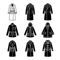 Long Winter Mantel Icon Set Featuring Formal and Casual Overcoat Designs for Fashion and Apparel Applications