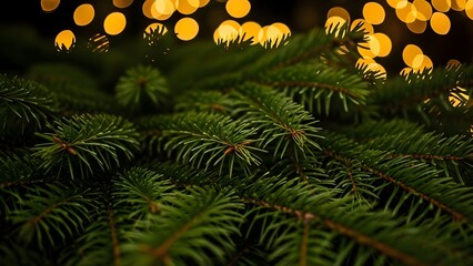 Close-up of lush green pine tree branches with a warm, golden bokeh light background, evoking the fresh, natural, and magical atmosphere of the Christmas season.

