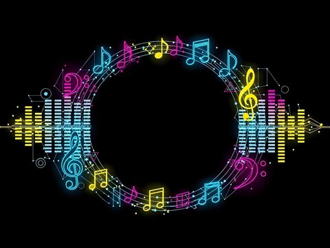 Colorful music notes and sound equalizer bars forming circular frame on black background for audio entertainment and party design projects.