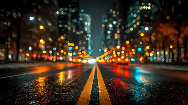 Blurred city street at night with colorful bokeh lights from traffic and buildings creating atmospheric urban scene with wet asphalt and yellow road markings.