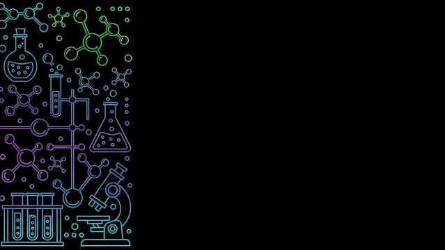 Science laboratory equipment icons in neon gradient colors on black background. Chemistry research symbols for educational and medical presentations. - Powered by Adobe