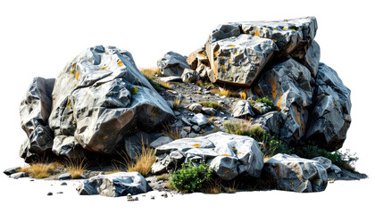 A cluster of weathered gray rocks with patches of orange lichen and sparse green vegetation